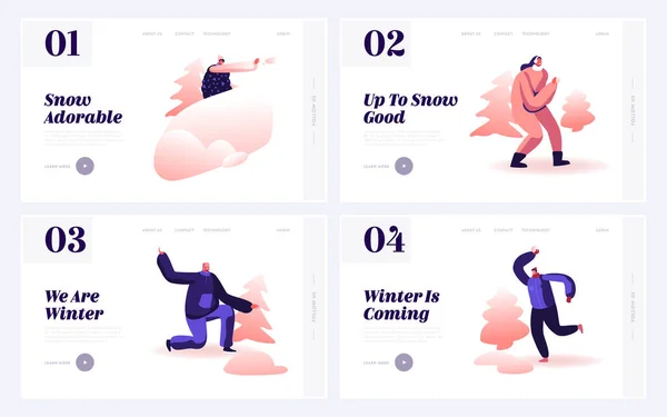 Snowballs Website Landing Page Set. Joyful Energetic Friends Playing Games and Having Fun Having Snow Ball Fight During Holiday on Winter Day Outdoors Web Page Banner. Cartoon Flat Vector Illustration — ストックベクタ