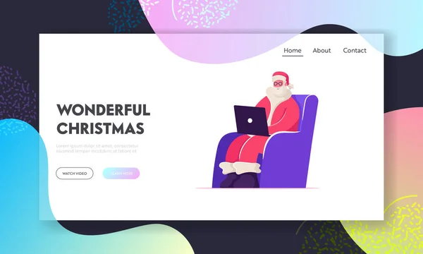 Merry Xmas Website Landing Page. Smiling Santa Claus in Red Costume Sitting in Armchair with Laptop in Hands Reading Messages et lettres d'enfants Page Web Banner Cartoon Flat Vector Illustration — Image vectorielle