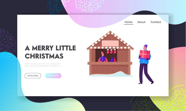 Vente de Noël, Festive Season Website Landing Page. Happy Man Holding Gift Box Passing by Wooden Stall with Xmas Decoration and Presents for Holidays Web Page Banner. Illustration vectorielle plate de bande dessinée — Image vectorielle