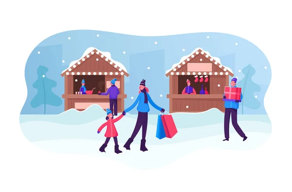 Christmas Market or Winter Outdoor Fair. People Walking and Buying Gifts and Hot Drinks in Stalls and Kiosks. Holidays Season Vacation Activity, Family Spare Time Cartoon Flat Vector Illustration — 스톡 벡터