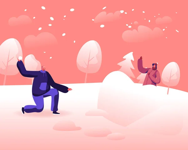 Happy Young Couple Playing Snowballs Fight on Snowy Winter Landscape Outdoors Background. Girl Hiding behind of Ice Fortress Aiming with Snow Ball to Cheerful Man Cartoon Flat Vector Illustration — Stock Illustration Happy Young Couple Playing Snowballs Fight on Snowy Winter Landscape Outdoors Background. Girl Hiding behind of Ice Fortress Aiming with Snow Ball to Cheerful Man Cartoon Flat Vector Illustration Vector Graphics