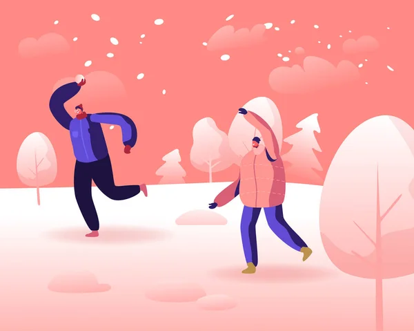Winter Season Fun and Outdoor Leisure, Active Games on Street. Happy Cheerful Men Playing Snowballs on Snowy Landscape Background. Friends Relaxing, Active Spare Time. Cartoon Flat Vector Illustration — Stock Illustration Winter Season Fun and Outdoor Leisure, Active Games on Street. Happy Cheerful Men Playing Snowballs on Snowy Landscape Background. Friends Relaxing, Active Spare Time. Cartoon Flat Vector Illustration Vector Graphics