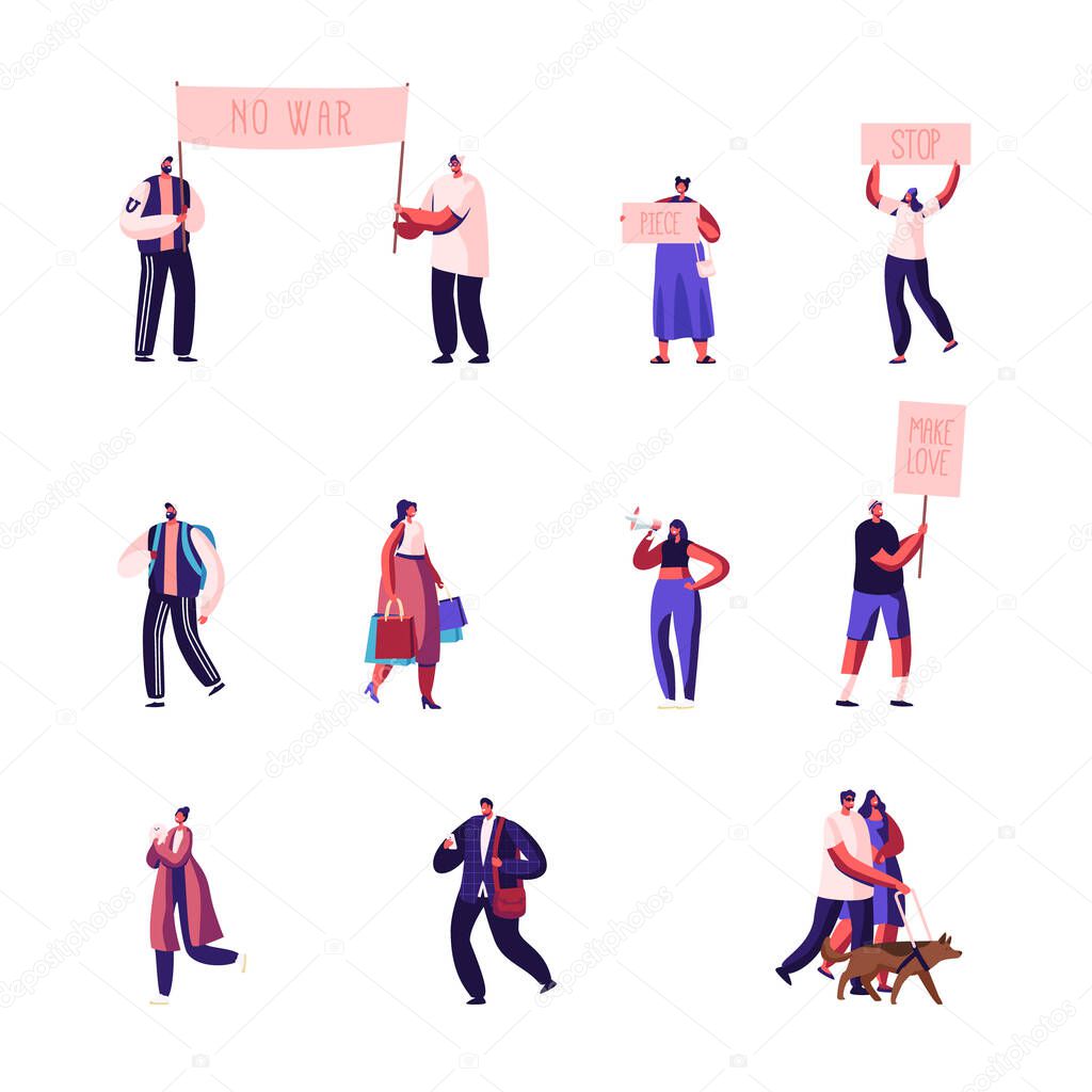 Set of People Engage Politics Activity on Demonstration Holding Banner against War for Piece and Love. Woman with Shopping Bags, Blind Man with Dog Guide Girl with Pet Cartoon Flat Vector Illustration