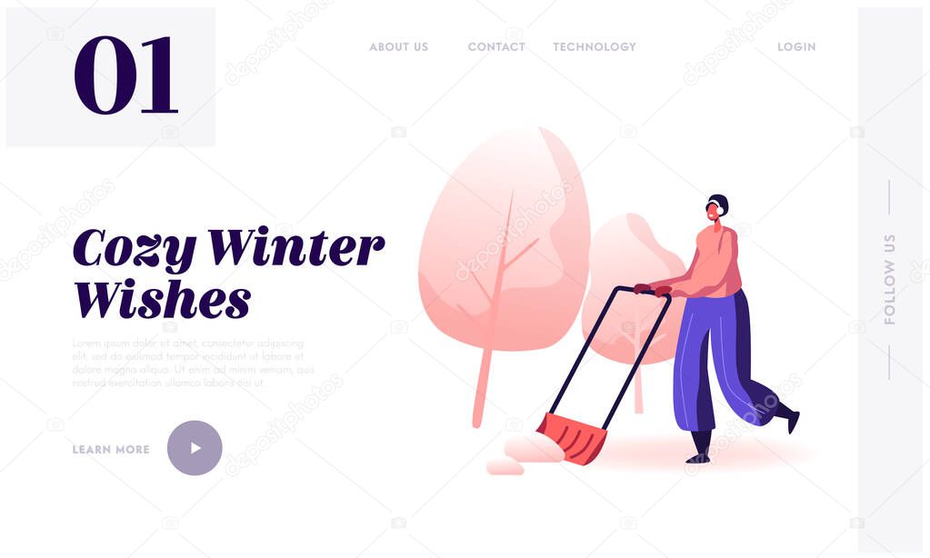 Christmas Holidays Activity and Outdoors Work Website Landing Page. Hardworking Woman Cleaning Road from Snow with Big Shovel after Winter Snowfall Web Page Banner. Cartoon Flat Vector Illustration