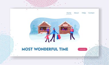 Noel Pazarı ya da Açık Hava Fuarı İnternet Sitesi İniş Sayfası. Stalls ve Büfelerde Yürüyen ve Alınan İnsanlar Hediyeler ve Sıcak İçecekler. Tatil sezonu Web Sayfası Afişi. Çizgi film Düz Vektör İllüstrasyonu