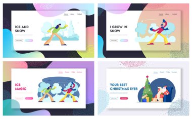 Noel Tatili Etkinliği Web Sitesi İniş Sayfası Seti. İnsanlar dışarıda kartopu oynuyor. Noel Baba firavun ağacında oturuyor. Mektup okuyor. Şenlik sezonu Web Sayfası Çizgi Filmin Düz Vektör İllüzyonu