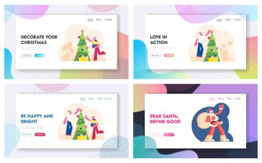 Xmas Hazırlık Web Sitesi İniş Sayfası. Mutlu İnsanlar Noel Ağacı 'nı Kış Tatil Kutlamaları İçin Hazırlayın. Noel Baba hediye web sayfası afişi taşıyan bir çuval taşıyor. Çizgi film Düz Vektör İllüstrasyonu