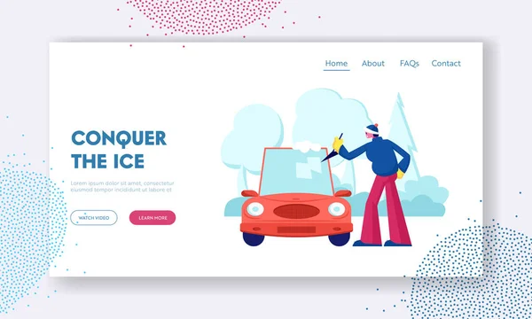 Driver Care of Automobile na stronie internetowej House Yard Landing Page. Man Czyszczenie okna samochodu z łopatą z lodu i śniegu w zimie po nocy Blizzard Web Page Banner. Ilustracja wektora płaskiego kreskówki — Wektor stockowy