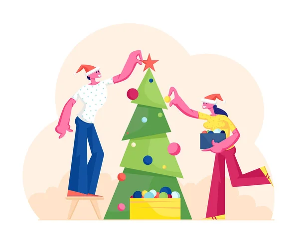 Happy Man and Woman Decoración árbol de Navidad poner bolas en las ramas y estrella en la parte superior. Personajes preparándose para la celebración de Año Nuevo y Navidad. Vacaciones de invierno Dibujos animados Vector plano Ilustración — Archivo Imágenes Vectoriales