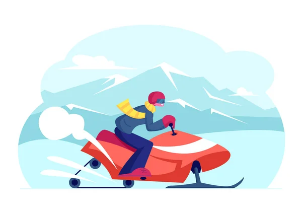 Motorschlittenfahrer mit Helm fahren schnell durch Schneeverwehungen mit Spaß bei Extremsport-Abenteuertour. Outdoor-Aktivitäten während des Winterurlaubs auf Skiberg Resort. Cartoon flache Vektorillustration — Stockvektor