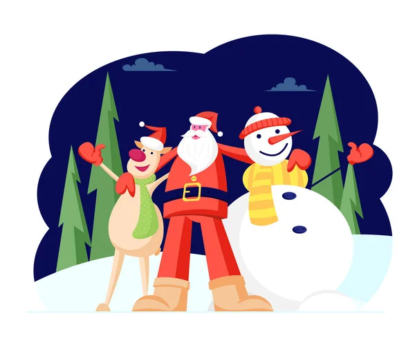 Adorable Christmas Characters Santa Claus Hugging Reindeer and Snowman in Knitted Scarf and Hat Singing Song on Night Snowy Forest Background. Winter Season Holidays Cartoon Flat Vector Illustration