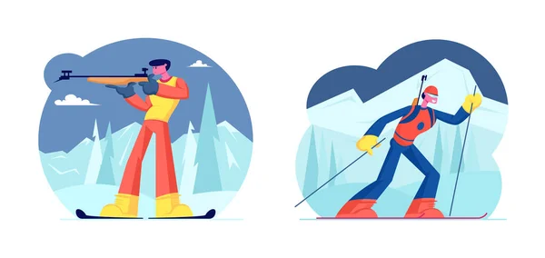 Biathlon Competition Set. Competitor Standing on Shooting Range Aiming to Target Aiming, Shooting and Hunting. Sportswoman Riding Skis on Rout. World Cup Tournament. Cartoon Flat Vector Illustration — 스톡 벡터