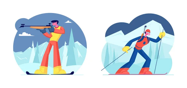 Biathlon Concurso Set. Competitor em pé no intervalo de tiro com o objetivo de alvo Apontar, Tiro e Caça. Sportswoman Riding Skis em Rout. Torneio da Copa do Mundo. Desenhos animados ilustração vetorial plana — Vetor de Stock