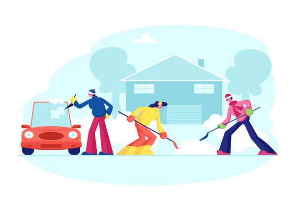 Happy People Clean Home Yard Steps from Snow. Man in Red Santa Claus Hat and Girl Remove Snowdrift with Shovel. Neighbours Clearing Snow from Backyard after Snowfall. Cartoon Flat Vector Illustration Stock Vector