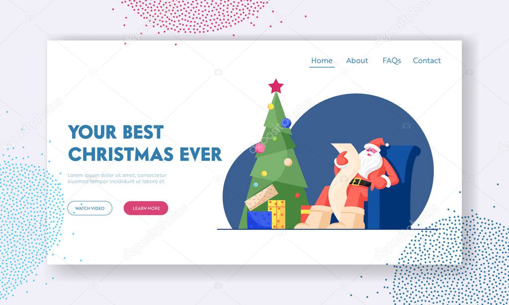 Merry Christmas Wishes Website Landing Page. Santa Claus in Traditional Costume Sitting in Armchair at Fir Tree Reading Long List with Xmas Desires Web Page Banner. Cartoon Flat Vector Illustration