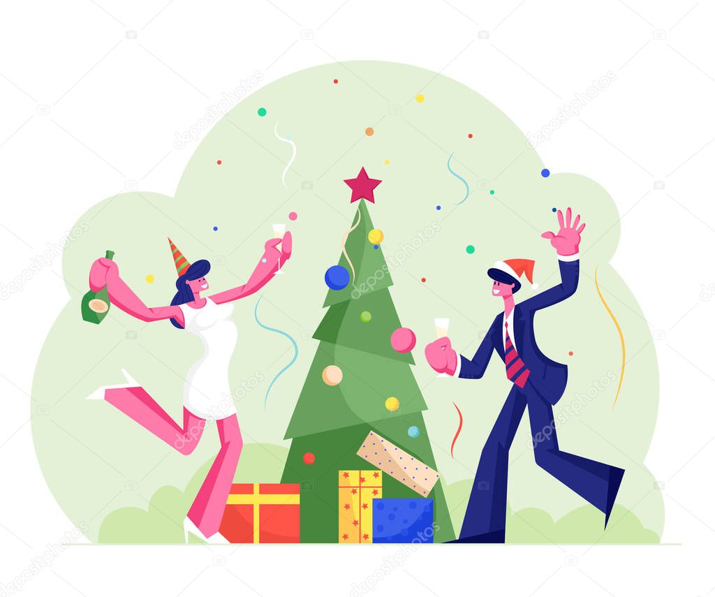 New Year or Christmas Celebration at Work with Champagne, Decorated Xmas Tree, Gifts and Confetti. Happy Company of Colleagues or Business People Fun in Office Party. Cartoon Flat Vector Illustration