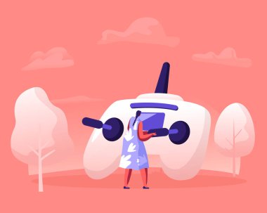 Uzaktan kumandalı kız ile Uzaktan Kumandalı Uçan İHA 'yı Uçurmak için Telekontrol Pad' i Tutan Genç Kadın, Quadcopter Oynuyor ve Resim Çekiyor Çizgi Film Düz Vektör İlülasyonu
