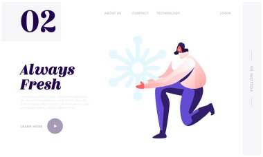 Noel Tatili Eğlence Sitesi İniş Sayfası. Kış Saati Web Sayfasında Kar Tanesiyle Oynayan Mutlu Kadın Örgü Süveter ve Şapka Durağı. Çizgi film Düz Vektör İllüstrasyonu