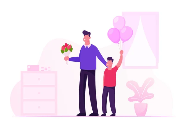 Happy Young Father met Flower Bouquet en Little Son met ballonnen Bunch Stand in het ziekenhuis Room Meeting Moeder en pasgeboren baby van de kamer van moederschap in de kliniek. Cartoon Flat Vector Illustratie — Stockvector