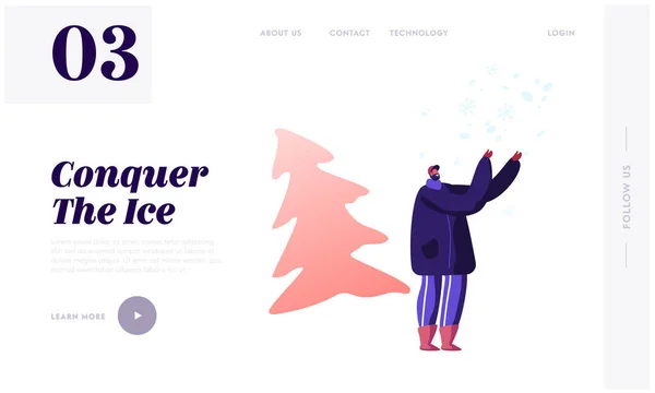秋の雪の下に立つハッピーマン冬の休暇のウェブサイトランディングページをお楽しみください。キャラクターの変身と雪景色で遊ぶ背景Webページ｜バナー漫画フラットベクトルイラスト — ストックベクタ