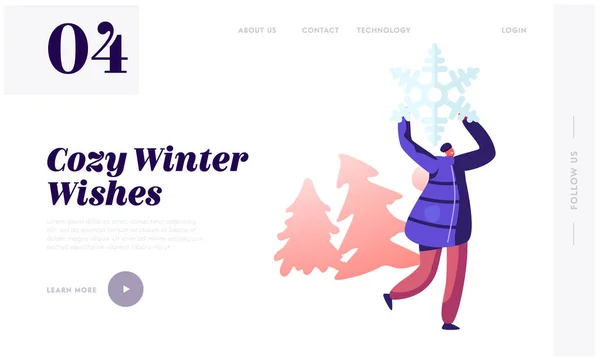 Winter Season Fun ve Outdoor Leisure Web Sitesi İniş Sayfası. Mutlu Neşeli Kadın Başının Üstünde Büyük Kar Tanesi Tutuyor, Karlı Manzara Arkaplan Web Sayfasında Oynuyor. Çizgi film Düz Vektör İllüstrasyonu — Stok Vektör