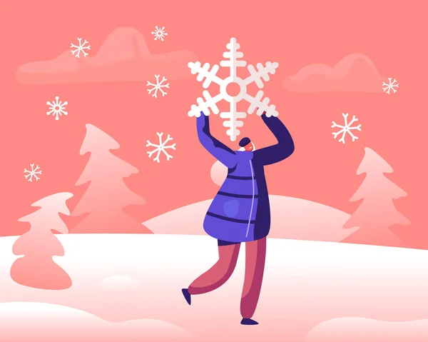 Mujer alegre feliz sosteniendo enorme copo de nieve por encima de la cabeza, jugando en fondo paisaje nevado. Temporada de Invierno Diversión y Ocio Exterior, Juegos Activos y Tiempo Libre. Dibujos animados plana Vector Ilustración — Vector de stock