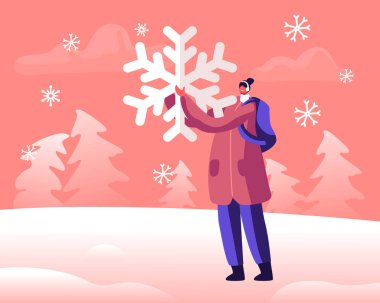 Sırt çantalı Mutlu Genç Kız, Ellerinde Büyük Kar Tanesi Tutuyor, Sokakta Oynuyor. Kış mevsimi açık hava eğlence ve aktiviteleri, Noel ve yeni yıl tatili eğlencesi. Çizgi film Düz Vektör İllüstrasyonu