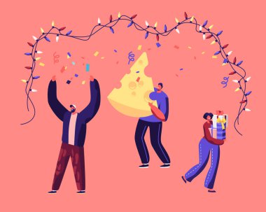 Happy People Holding Hediye Kutusu ve Garland Dans Altında Büyük Peynir Dansı 2020 Fare Çin Geleneği Kurumsal ya da Ev Partisi Kutlaması. Çizgi film Düz Vektör İllüstrasyonu