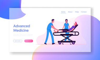Gelişmiş Tıp Sitesi İniş Sayfası. Kırık bacağı olan bir hastayı hastaneye götüren ambulans tıbbi personeli. Acil Sağlık Görevlisi Doktor Web Sayfası Afişi. Çizgi film Düz Vektör İllüstrasyonu