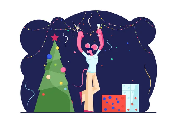 Happy Man in Funny Mouse Ears on Head Holding Sparkler and Champagne Glass Χορεύοντας κοντά διακοσμημένο χριστουγεννιάτικο δέντρο με δώρα και γιρλάντες. 2020 νέο έτος εορτασμού Cartoon επίπεδη διανυσματική εικονογράφηση — Διανυσματικό Αρχείο