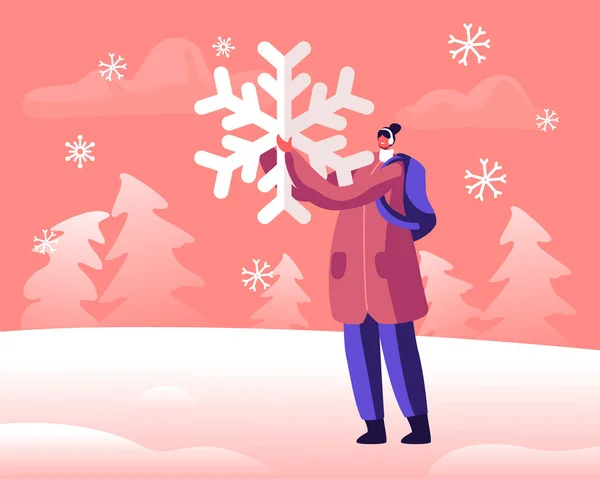 Gelukkig jong meisje met rugzak houden enorme sneeuwvlok in handen spelen op straat. Winterseizoen Buiten Vrije tijd en Activiteiten, Kerstmis en Nieuwjaar Vakantie Plezier. Cartoon Flat Vector Illustratie — Stockvector