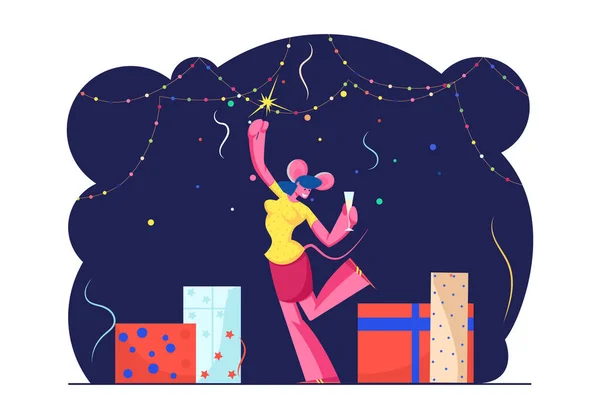Святкування Нового року 2020 року. Весела жінка в мишачих вухах на голові Танці в декорованій кімнаті з гірляндами та подарунками з іскровим та шампанським склом в руках Мультфільм плоский Векторні ілюстрації — стоковий вектор