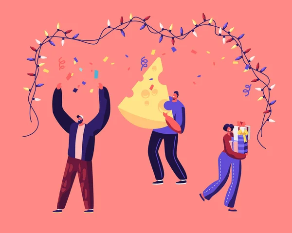 Las personas felices que sostienen la caja de regalo y el enorme pedazo de queso bailando bajo la guirnalda celebran el Año Nuevo 2020 de la tradición china del ratón en la celebración corporativa o de la fiesta en casa. Dibujos animados plana Vector Ilustración — Archivo Imágenes Vectoriales