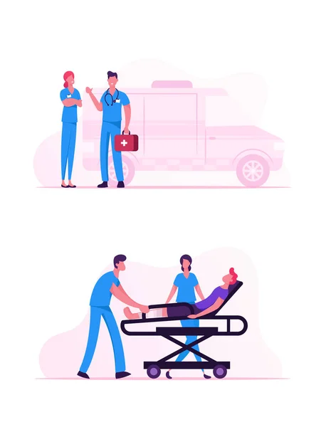 Ambulância Serviço Médico Ocupação. Médicos transportando Paciente Homem com Perna Quebrada para o Hospital. Médicos Paramédicos de Emergência Personagens Stand at Car. Cuidados de saúde Desenhos animados Ilustração vetorial plana —  Vetores de Stock