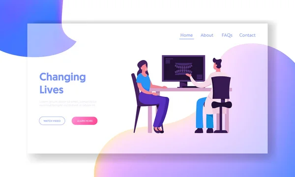 歯科医院のウェブサイトランディングページの女性.歯科医師がX線撮影で患者の歯を見せる｜バナー漫画フラットベクトルイラスト — ストックベクタ