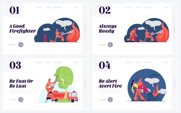 Fireman and Rescuer Job Website Landing Page Set. Firefighters Wearing Fire Fighter Suit for Safety in Danger Situations Save Life and Extinguish Flame Web Page Banner Cartoon Flat Vector Illustration — Stock Vector