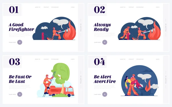 Fireman e Rescuer Set di pagine di destinazione del sito Web di lavoro. I pompieri che indossano tute antincendio per la sicurezza in situazioni di pericolo salvano la vita ed estinguono la fiamma Pagina Web Banner Cartoon Flat Vector Illustration — Vettoriale Stock