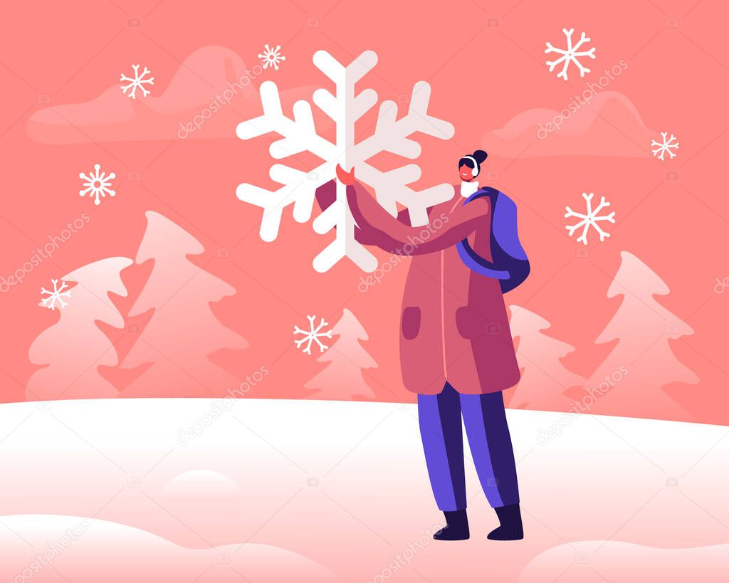 Happy Young Girl with Backpack Holding Huge Snowflake in Hands Playing on Street. Winter Season Outdoors Leisure and Activities, Christmas and New Year Holidays Fun. Cartoon Flat Vector Illustration