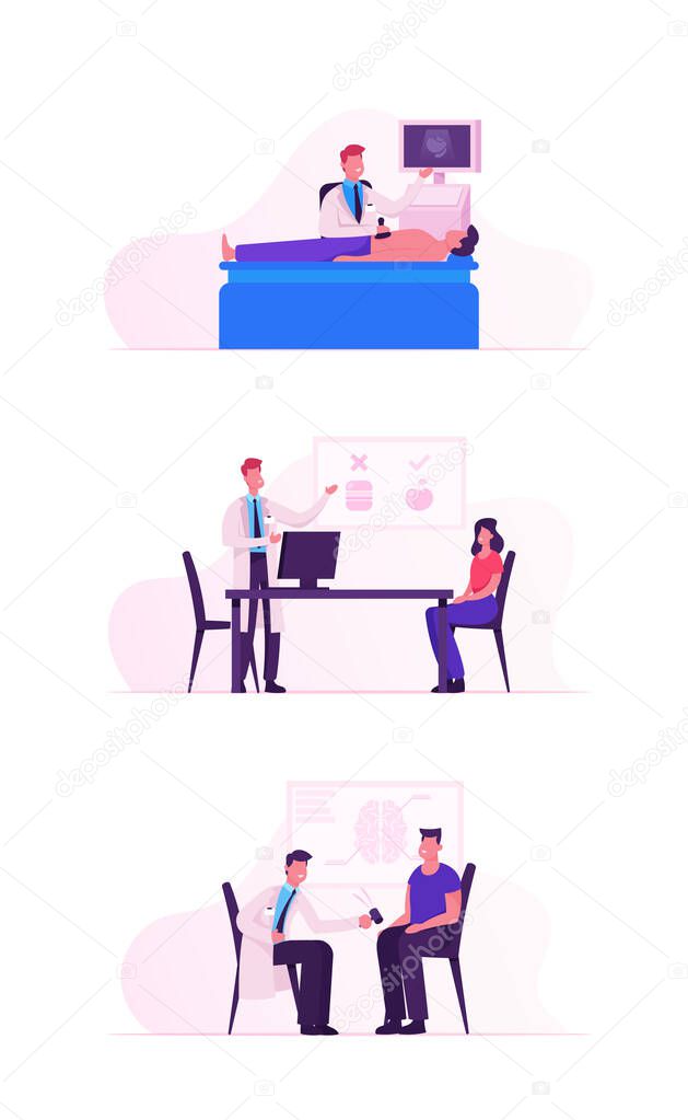 Doctor Appointment in Hospital Set. People Visiting Clinic. Woman Speak with Nutritionist, Man Communicate with Neurologist, Male Character Internal Organs Ultrasound. Cartoon Flat Vector Illustration