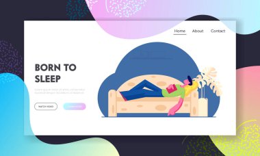 İyi Uyku Sitesi İniş Sayfası. Ellerinde Kitapla Kanepede Uyuyan Genç Adam. Akşam Hafta Sonu Saati, Erkek Karakteri Rahatlama ya da İş Sonrası Uyuma Web Sayfası Afişi. Çizgi film Düz Vektör İllüstrasyonu