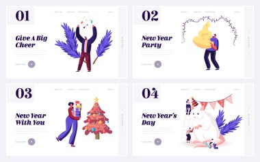 2020 Çin Geleneksel Takvim Web Sitesi İniş Sayfası Set. Yeni Fare Yılında Mutlu İnsanlar Hediyeler, Peynirler ve Madalyalı Firavun Ağacı Sayfası Afişleriyle Tanışıyor. Çizgi film Düz Vektör İllüstrasyonu