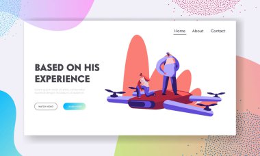 Modern Quadcopter Web Sitesi İniş Sayfasını kullanan Mutlu İnsanlar. Tiny Male and Female Characters Flying by Big Drone by Sky Observing Area around Web Page Banner. Çizgi film Düz Vektör İllüstrasyonu