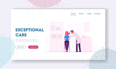 Kadın Otolaryngologist Website Landing Page 'i ziyaret ediyor. Tıbbi Önlük Doktoru ve Baş Muayene Hasta Kulağı Önden Yansıtıcı Hastane Web Sayfası Afişi. Çizgi film Düz Vektör İllüstrasyonu