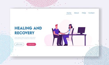 İyileşme ve Kurtarma Sitesi İniş Sayfası. Stetoskop ile Doktor Sphygmomanometer kullanarak Kardiyoloji Hastanesi Web Sayfasında Kan Basıncını Hastaya Kontrol Ediyor. Çizgi film Düz Vektör İllüstrasyonu