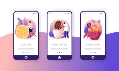İnsanlar Limon ve Pasta Mobil Uygulama Sayfası Ekran Seti ile Çay İçiyor. Web sitesi veya Web Sayfası için Şenlikli Kış Yemeği, Durgun Yaşam ve Konukseverlik Konsepti, Çizgi Film Düzey Vektör İllüstrasyonu