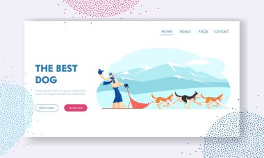 Kış sezonu aktiviteleri ve tatil sporları web sitesi iniş sayfası. Musher Binici Köpek Kızağı Takımı Karlı Tundra Sade Kış Günü 'nde Web Sayfası Afişi' nde dondu. Çizgi film Düz Vektör İllüstrasyonu