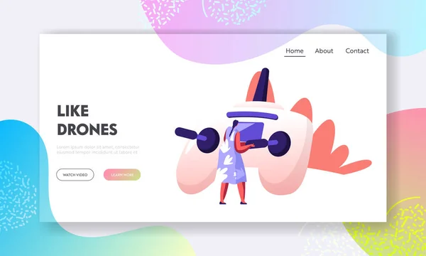 Quadcopter Technologies Website Landing Page. Rear View of Young Woman Watching and Navigating Flying Drone in Sky Over Countryside, Digital Device Web Page Banner. Cartoon Flat Vector Illustration — Stock vektor