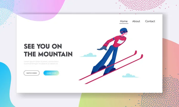 Skier Making Jump Website Landing Page. Athlete Man in Warm Clothes, Helmet and Glasses Jump Skiing. Winter Season Sport Activity, Recreation Lifestyle Web Page Banner Cartoon Flat Vector Illustration — Stock vektor