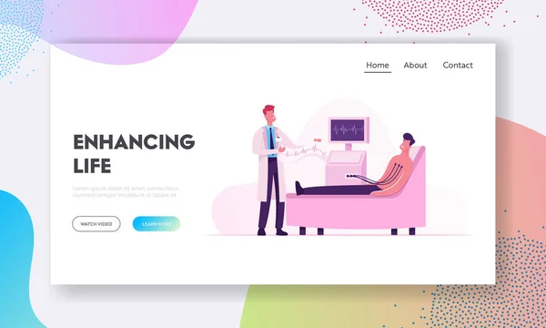 Patient Visiting Cardiology Clinic for Medical Heart Check Up Site Landing Page. Doutor Examinando Homem Fazendo Eletrocardiograma no Cardio Center Web Page Banner. Desenhos animados ilustração vetorial plana —  Vetores de Stock