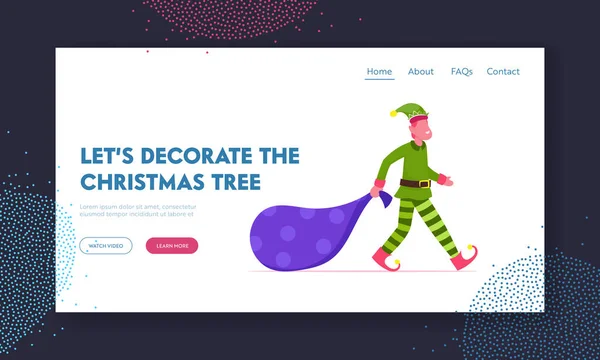 Märchenhafte Weihnachtsfigur mit Geschenken Website Landing Page. Weihnachtselfen-Charakter Junge in grünem Kostüm und lustigem Hut zieht riesige Tasche mit Geschenken Web-Seite Banner. Cartoon flache Vektorillustration — Stockvektor